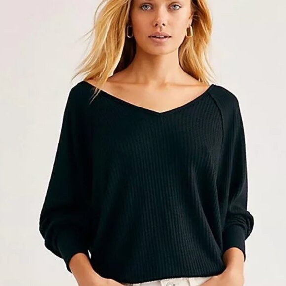 Free People Women's Santa Clara Thermal Long Sleeve Pullover Black Size M - Picture 1 of 9
